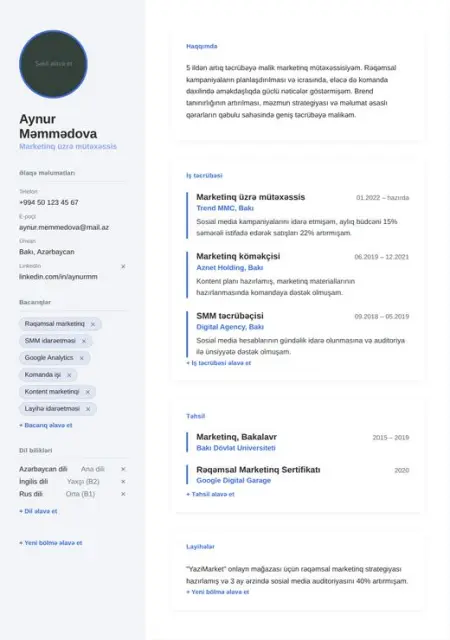 Cards CV şablonu önizləməsi