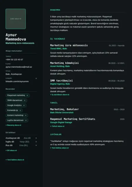 Dark CV şablonu önizləməsi