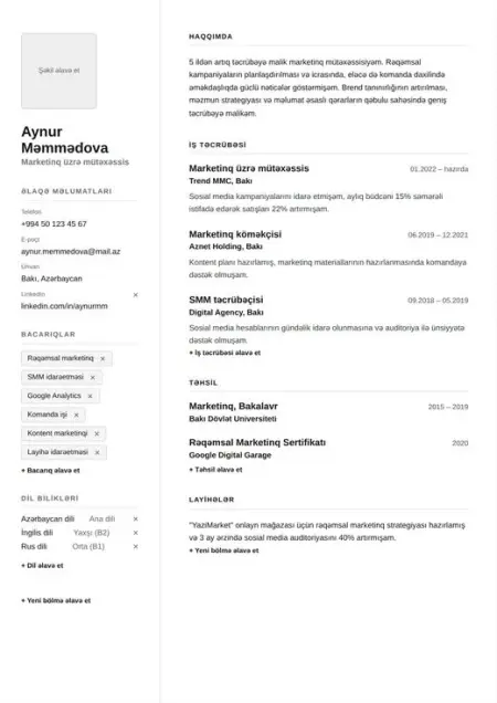 Minimalist CV şablonu önizləməsi