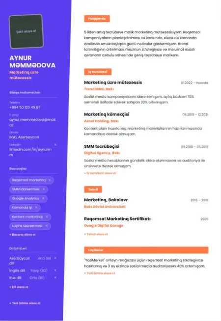 Bold CV şablonu önizləməsi