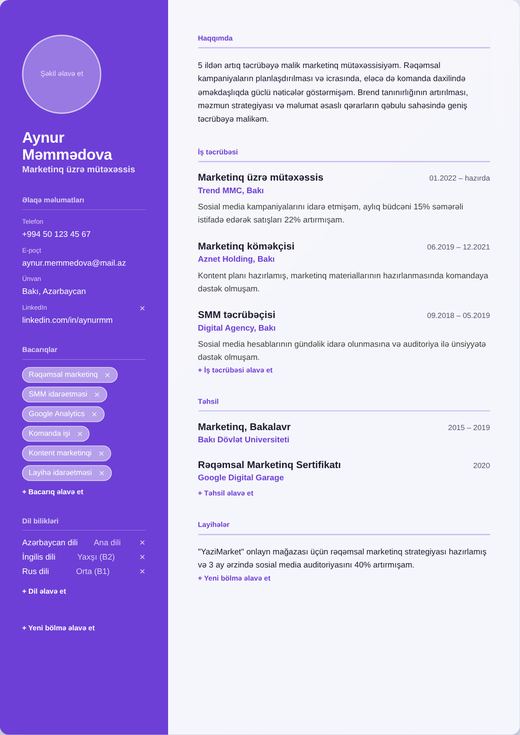 Çalar CV şablonu — nümunə CV